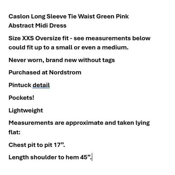 Caslon Long Sleeve Tie Waist Green Pink Abstract Midi Dress Size XXS - Picture 5 of 8
